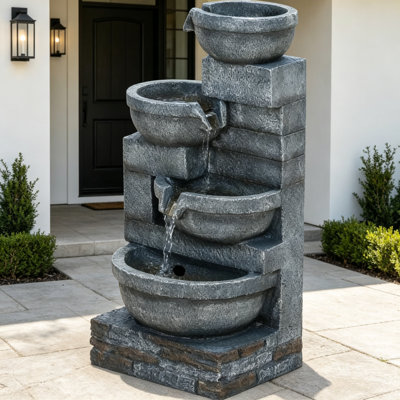 Grande fontaine de jardin cascade en résine à 4 niveaux avec lumières DEL et débit d'eau réglable pour la décoration extérieure