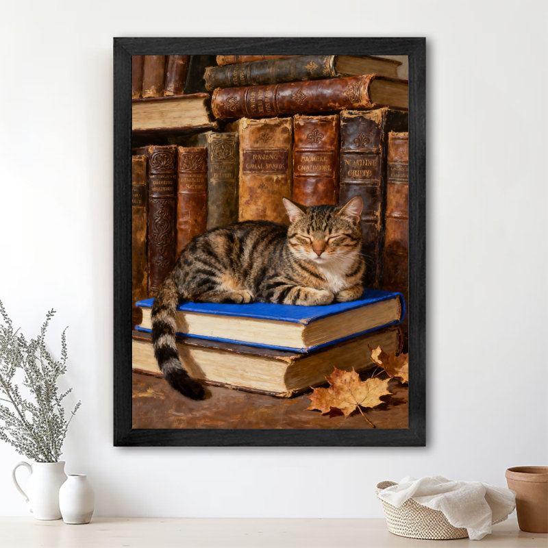 «Black Chats Vintage» dormant chaleureusement dans des livres, impressions d'art encadrées de style rétro, H 11 po x l 9 po