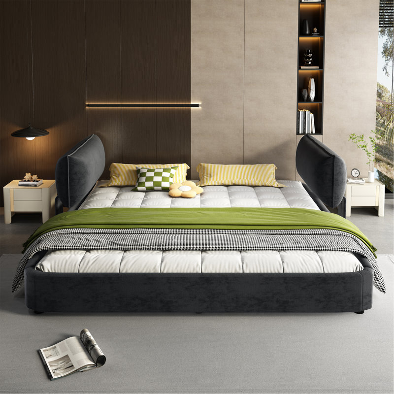 Structure de lit Cloud avec tête de lit mobile surdimensionnée et rembourrée, lit tapissier en chenille avec coin rond, support double à lattes en bois massif et en métal, aucun sommier nécessaire