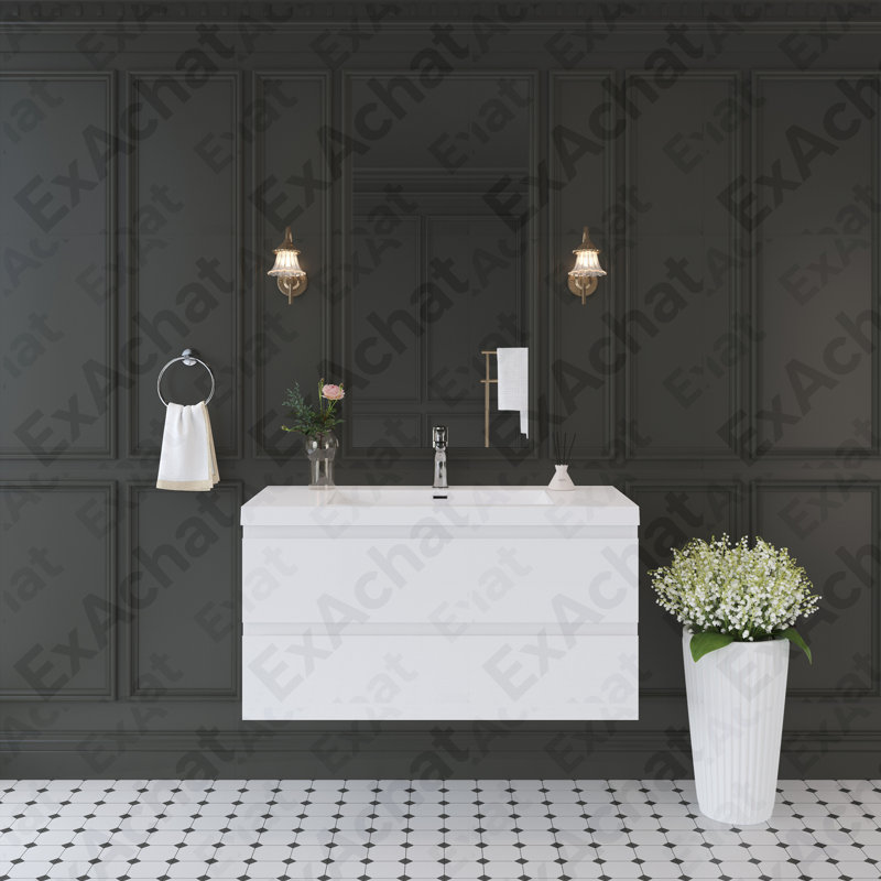 42" Floating Bathroom Vanity With Sink, Modern Wall-Mounted Bathroom Storage Vanity Cabinet With Solid Surface Top Basin And Soft Close Drawers, Glossy White