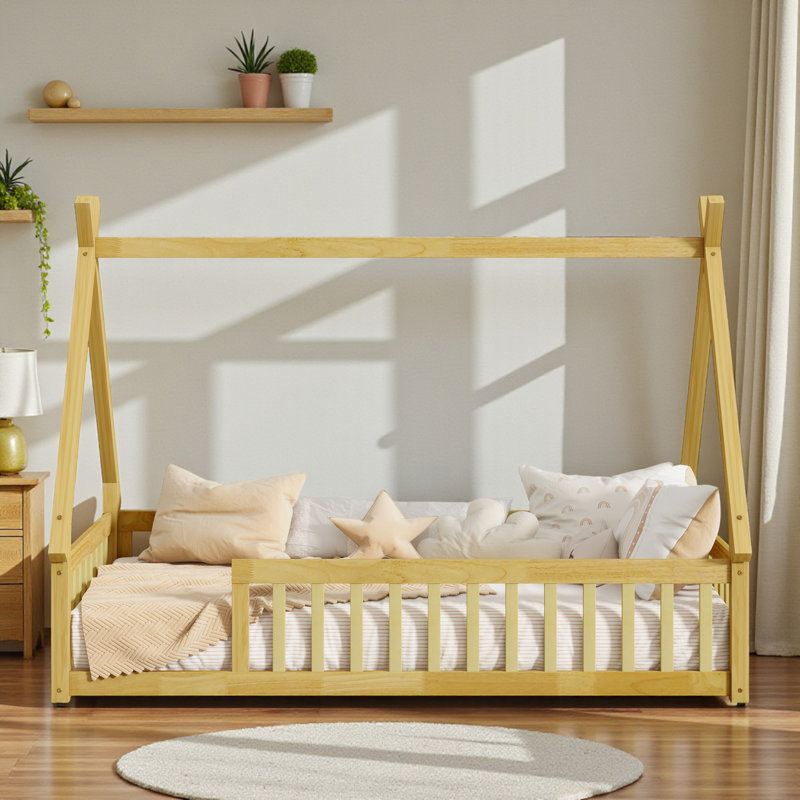 Kids House Platform Bed Frame, Twin Size Floor Design, Guardrail Safety Frame, Bedroom, Natural