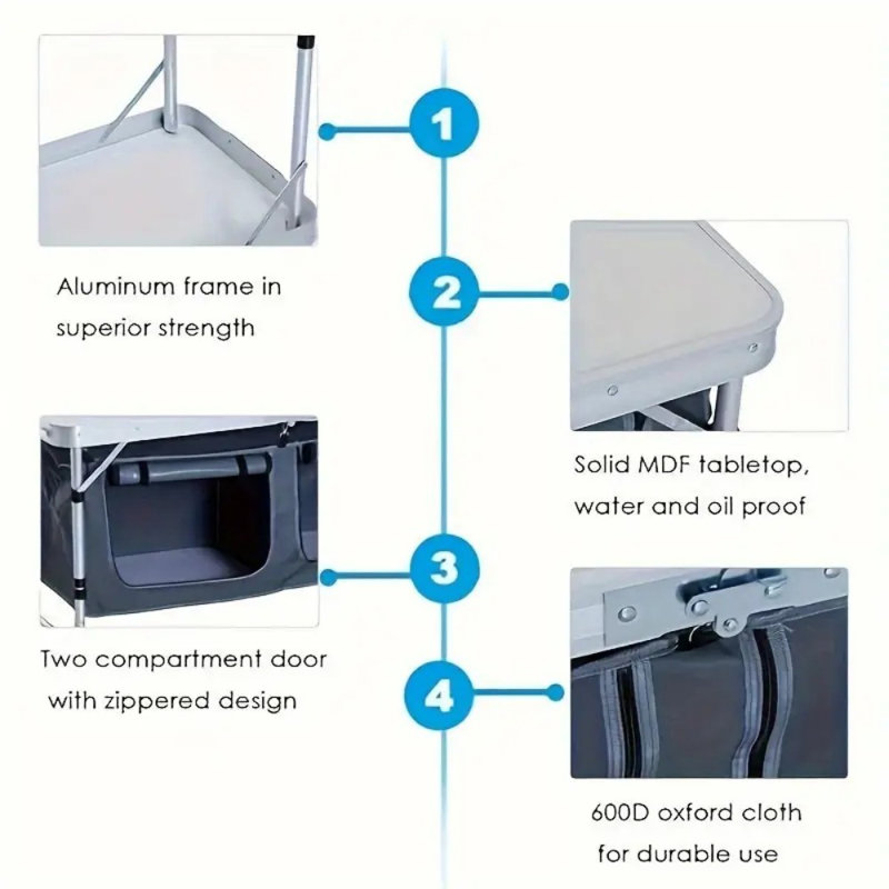 Table de camping pliante en aluminium 47 po, table de pique-nique d'extérieur à hauteur réglable avec poignée de transport et armoires de rangement