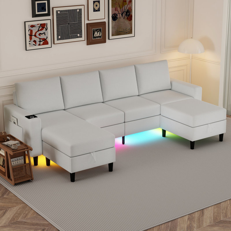4-seater Linen Sectional Sofa With Smart Module-wireless Charging/usb/type-c/rgb Lights (white), White