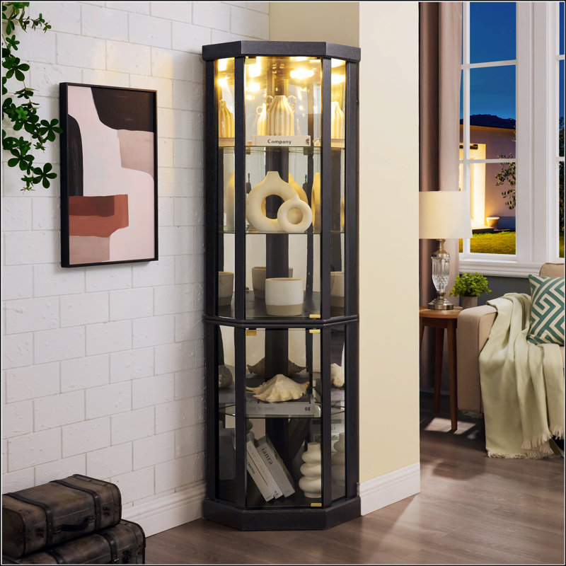 Lighted Corner Curio Cabinet - Elegant Glass Display Case For Living Room & Bar, Perfect For Antique Collections & Wine Storage