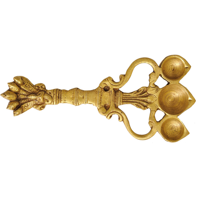 7" Handmade Brass Serpent Puja Diya Three Wicks Oil Lamp - Traditional Hindu Religious Home Decor Spiritual Lighting Made in India