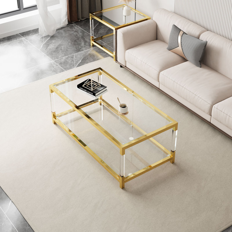 Modern Gold Glass Coffee Table with Acrylic Legs and Storage