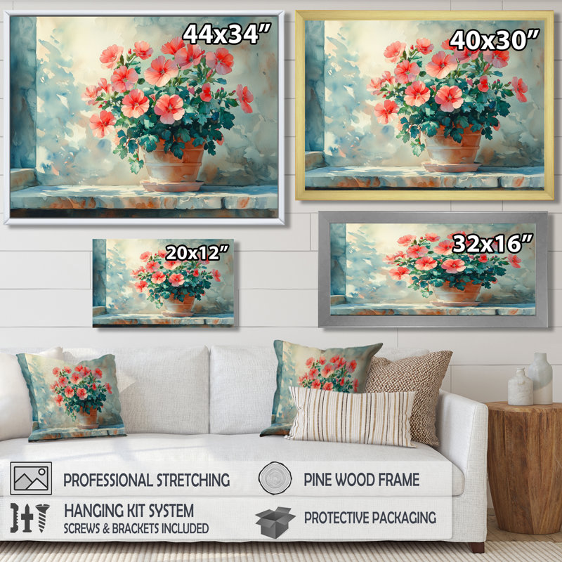 «Geranium Stillife» au réalisme ensoleillé - art mural géraniums, H 12 po x l 20 po, Cadre simple, Doré