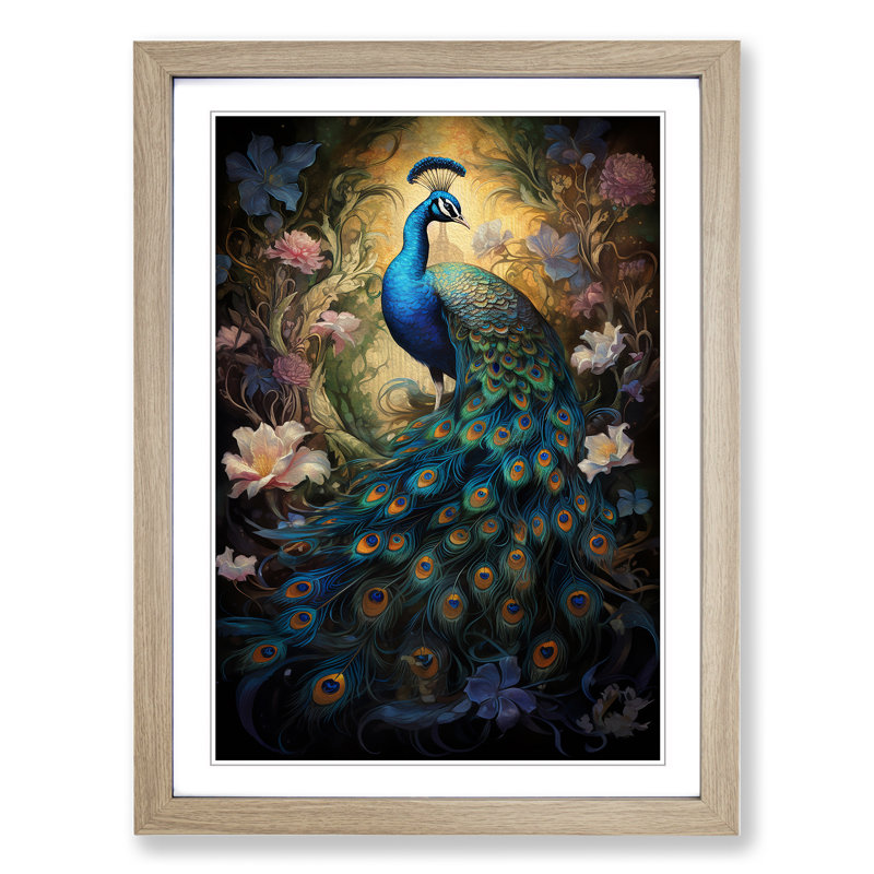 Peacock Baroque - Single Picture Frame Print on Wood, Oak Framed, 64cm H x 46cm W