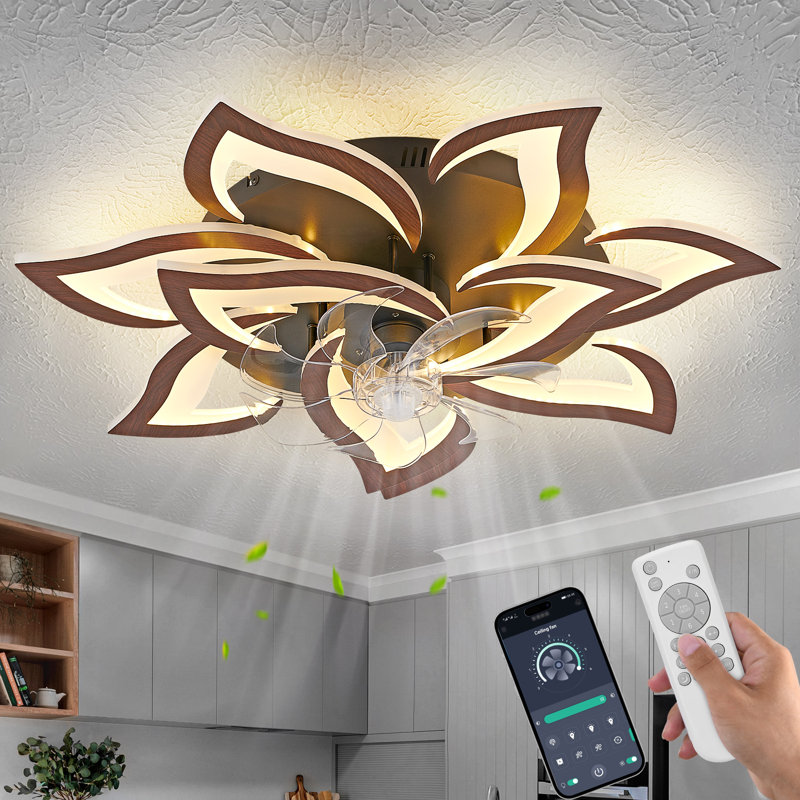 Ceiling Fan With Lights Remote Control, Wooden Geometric Color 6 Speeds Low Profile Flush Mount Ceiling Fan With Light For Kitchen Bedroom Living Room