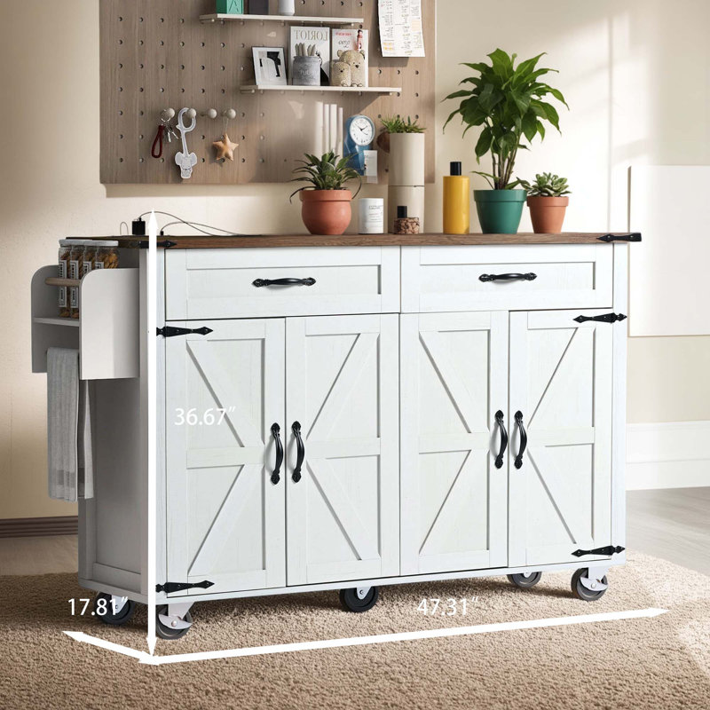 Farmhouse Kitchen Island With Power Outlets, Folding Plates, Spice Rack And Drawers, Includes Wheeled Rolling Cart For Home, Kitchen And Dining Room.