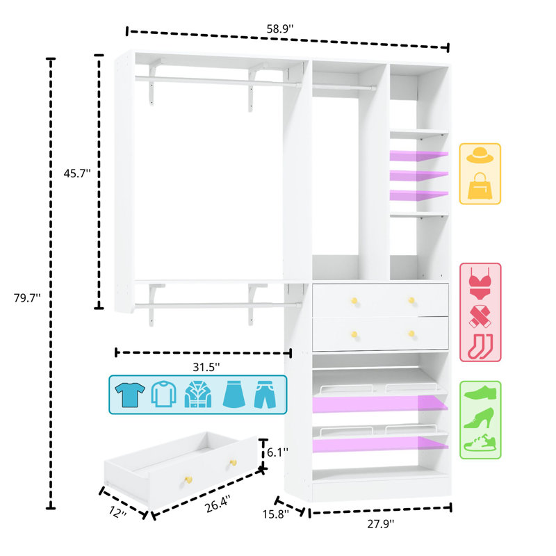 Navada Closet System with Wooden Drawers and Two Hanging Rods, White