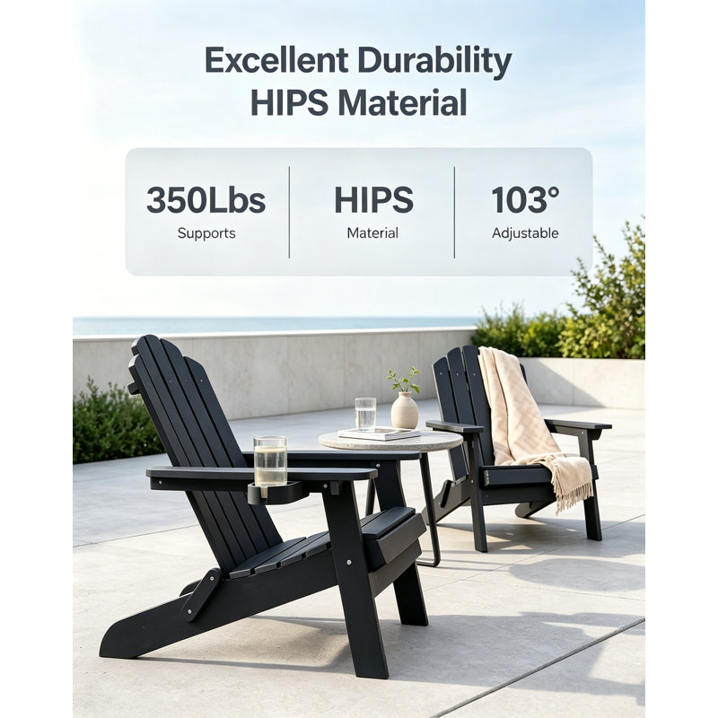 Folding Adirondack Chair Set of 2, Weather-Resistant Composite Plastic Outdoor Patio Seating with Cup Holders, Easy Assembly for Fire Pit, Lawn & Garden, Black