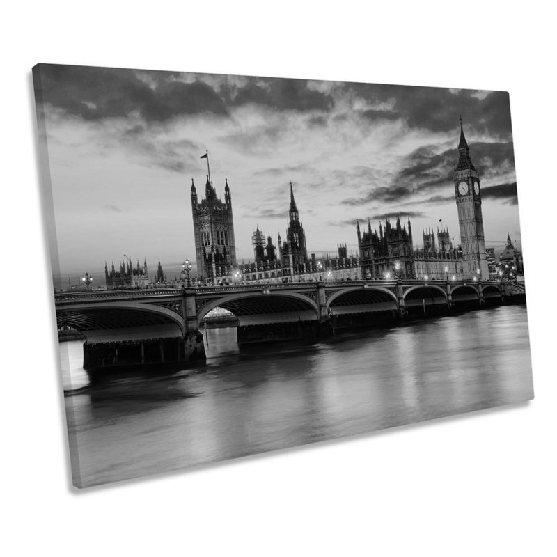 London Sunset River Thames City B&W - Wrapped Canvas Print, 30.5cm H x 45.7cm W x 2cm D