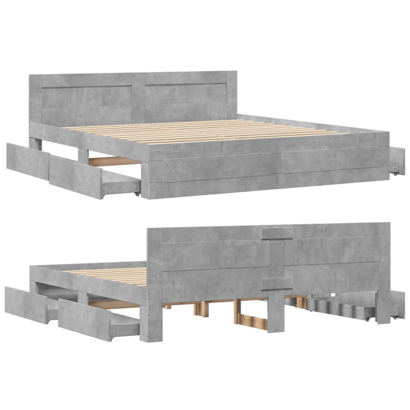 Bed Frame With Headboard Without Mattress Smoked Oak 140X200 Cm, Concrete Grey, Super King (6')