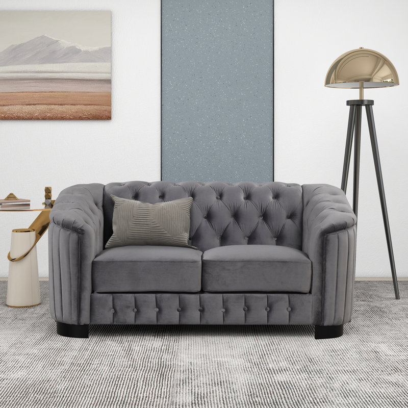 Canapé en velours à accoudoirs ronds, Gris, H 31 po x l 64 po x P 33 po