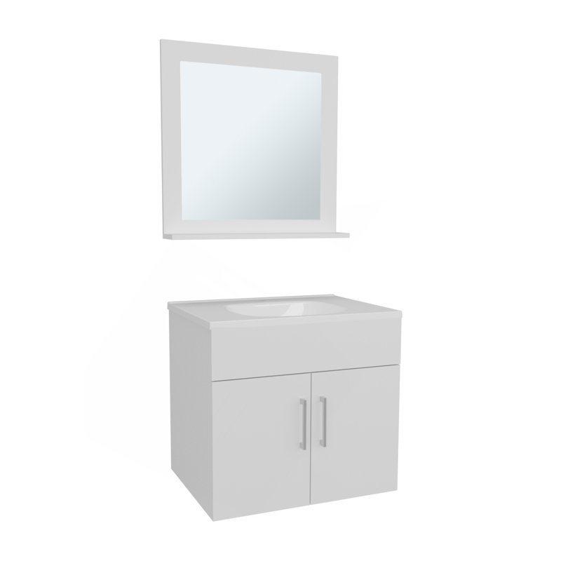 Bathroom Set, Vanity Sink + Mirror, 2 Doors, 1 Shelf, 1 Mirror, White, White