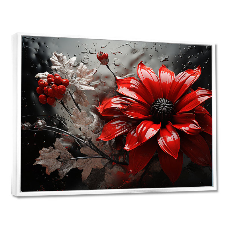 «Red Grey Botanical Symphony II», art mural botanique abstrait, H 30 po x l 40 po x P 1,5 po, Cadre flottant blanc
