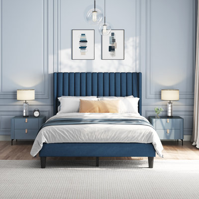 Velvet Upholstered Platform Bed with Wingback Headboard and Wooden Slats