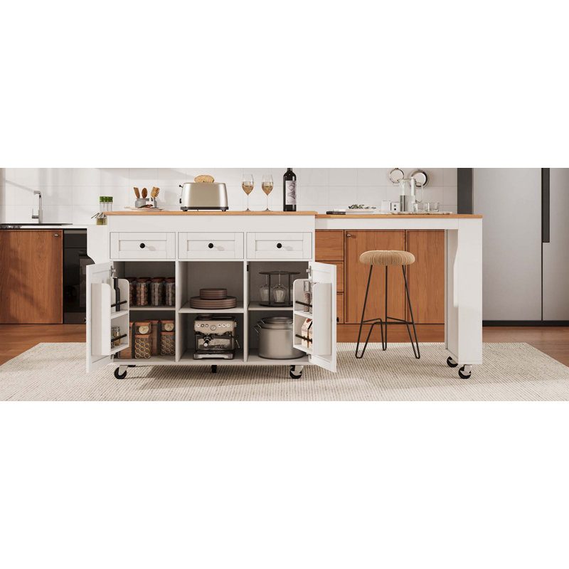 85.5" Kitchen Island With Extendable Dining Table, 3 Side Open Shelves, Power Outlet, 3 Drawers & 2 Doors, White