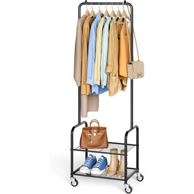 Small Clothes Rack With Shelves, Metal Sturdy Rolling Clothing Racks For Hanging Clothes, Portable Garment Rack With Wheels For Shirts, Coats, Shoes, Bags (Black)
