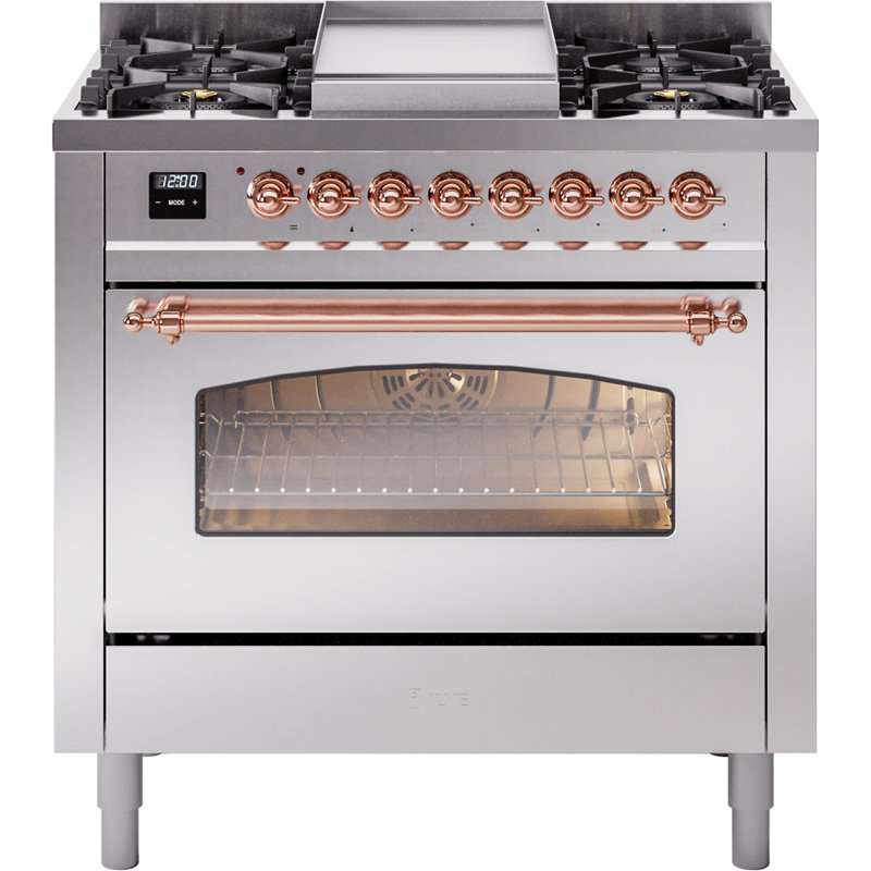 ILVE Nostalgie II 36 Dual Fuel Range, knobs, Stainless Steel/Brass, Natural Gas