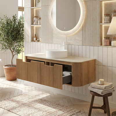 Meuble-lavabo mural moderne, armoire cannelée en contreplaqué de 18 mm avec plateau en pierre frittée et lavabo rond, 24/30/36/48 po