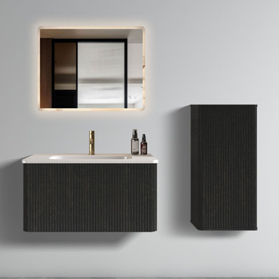 Meuble-lavabo de 30 po au design moderne avec chêne rayé noir, lavabo blanc et rangement pratique en céramique