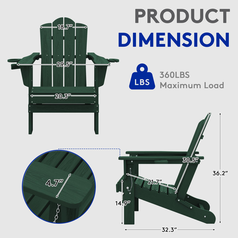 Chaise Adirondack pliante en PEHD Wolak avec porte-gobelet double, Vert foncé