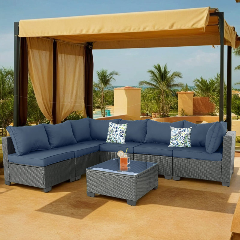 Ensemble modulaire d'extérieur de terrasse réversible de 53 po Aubriannah avec coussins, Bleu foncé, Café noir