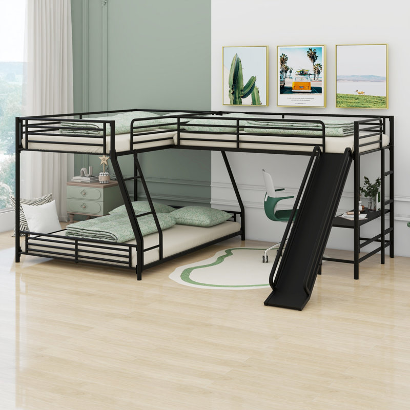L-Shaped Bunk Bed With Loft Bed,Built-In Desk And Slide