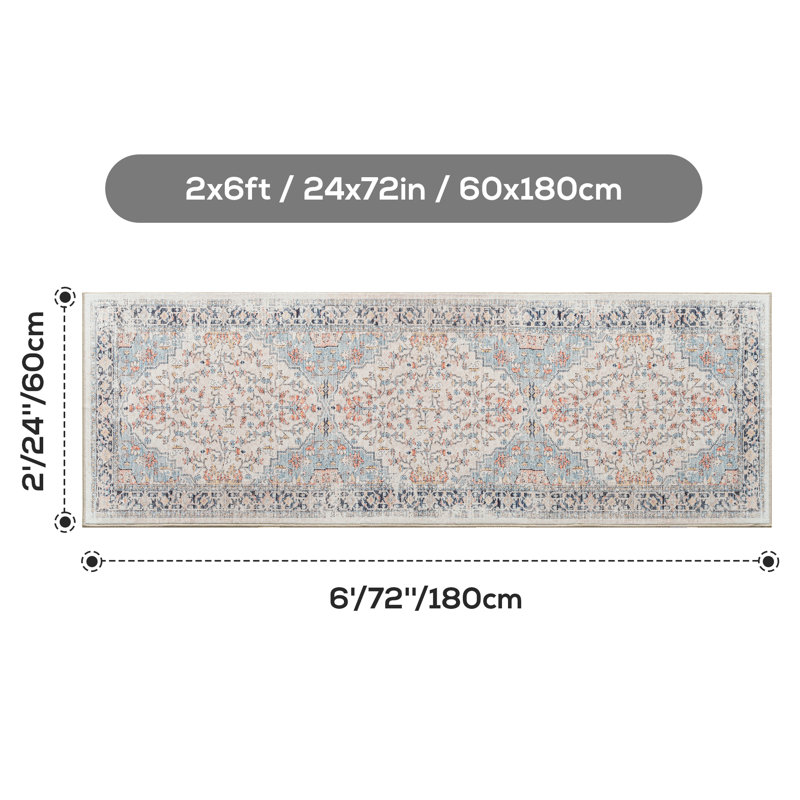  Boho Floral 2x6 Hallways Runner Rug,Thin Soft Kitchen Rug, Non-Slip Washable Low-Pile Farmhouse Carpet for ‎Laundry, Bathroom, Bedroom