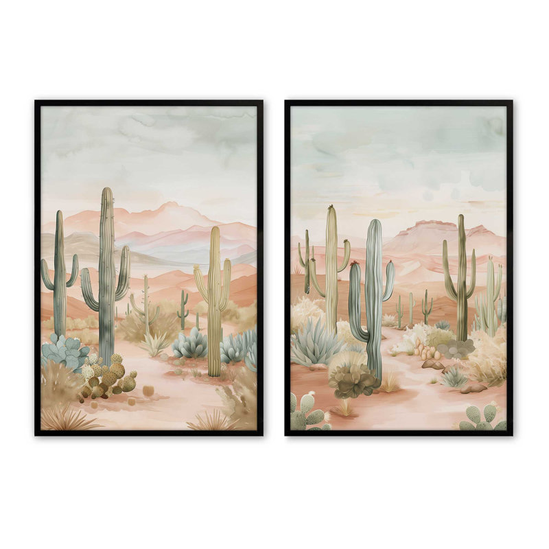 Ensemble de 2 estampes de cactus, Noir satiné, 11" H x 18" W