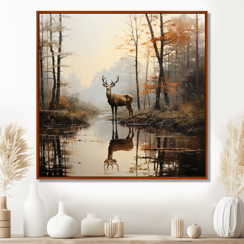 «Animal Deer Misty Morning II», impressions sur toile, H 24 po x l 24 po x P 1 po, Cadre flottant brun