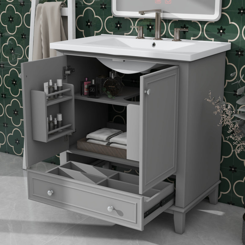 Base de meuble-lavabo polyvalent 30 po avec armoire à portes polyvalente et tiroir, Gris