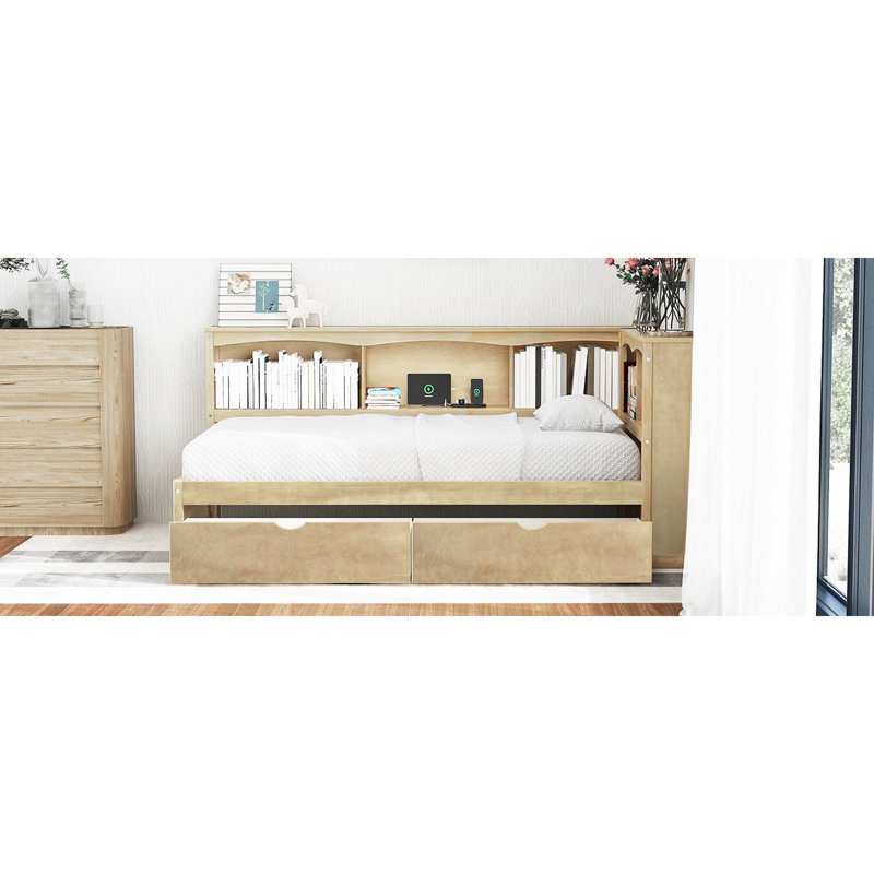 Wood Color Twin Size Daybed With Storage Drawers, Ports And Efficient Arrangements - Solid In Two Chests, Outlets, Wood