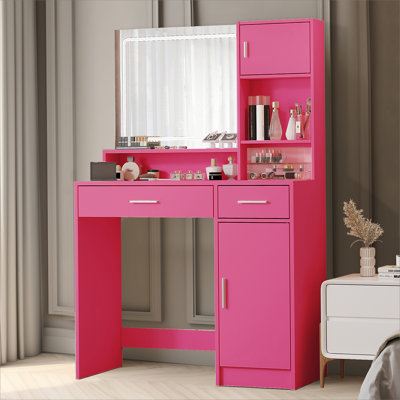 Vanity Desk With Mirror And LED Light Strip,Dressing Table With Large Drawer, 3 Level Storage Dresser & 3 Lighting