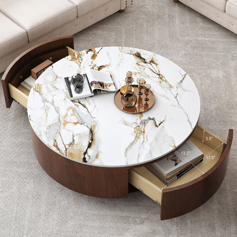 Table basse ronde en bois avec plateau en faux marbre