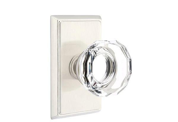 Emtek Passage Interior Mortise Set w/ Rectangular Rosette & Lowell Glass Knob (LH), Satin Nickel
