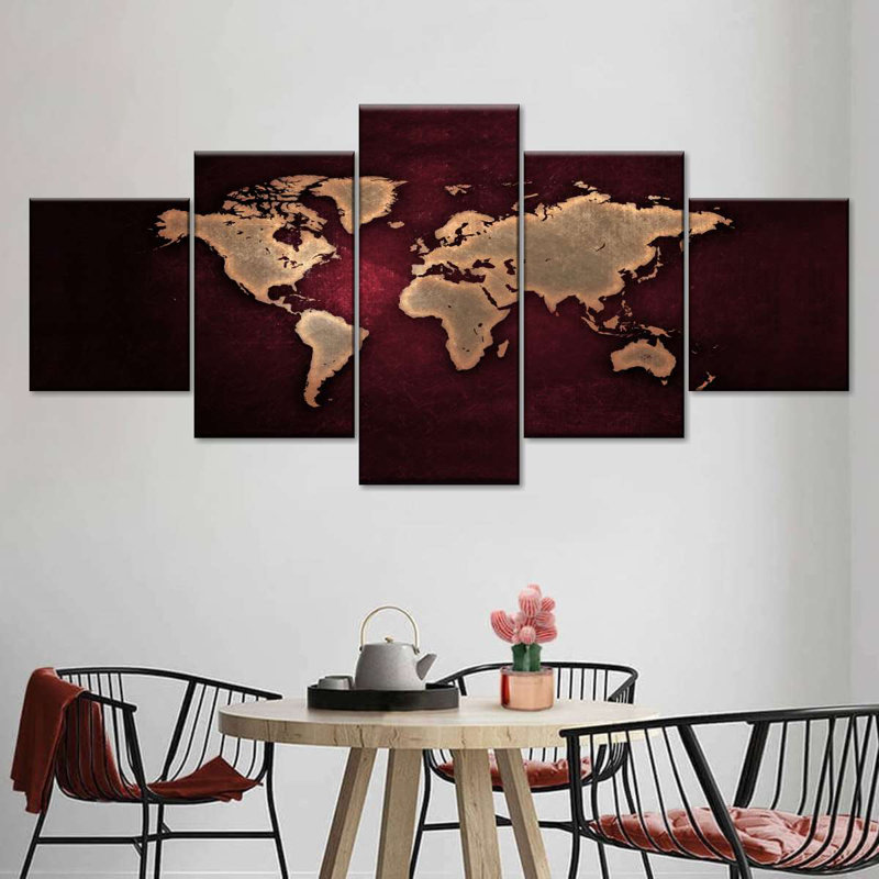 Carte du monde marron - ensemble de 5 toiles tendues, H 34 po x l 74 po x P 1,25 po