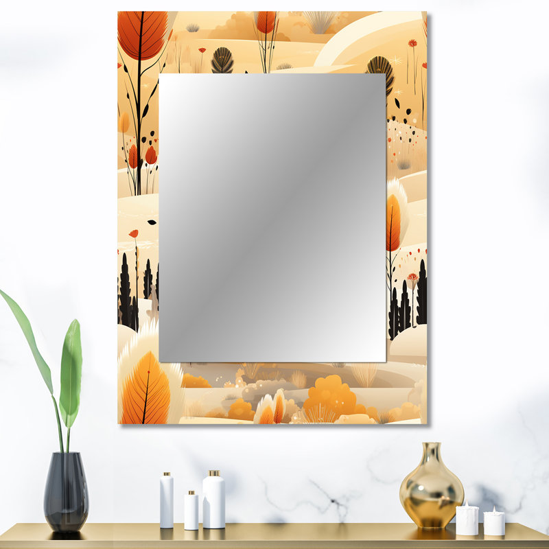 Thurmont Beige Meadow Flowers Boho Pattern - Floral Large Mirror, Cottage Unique Wall Mirror Decor, Printed Metal Art