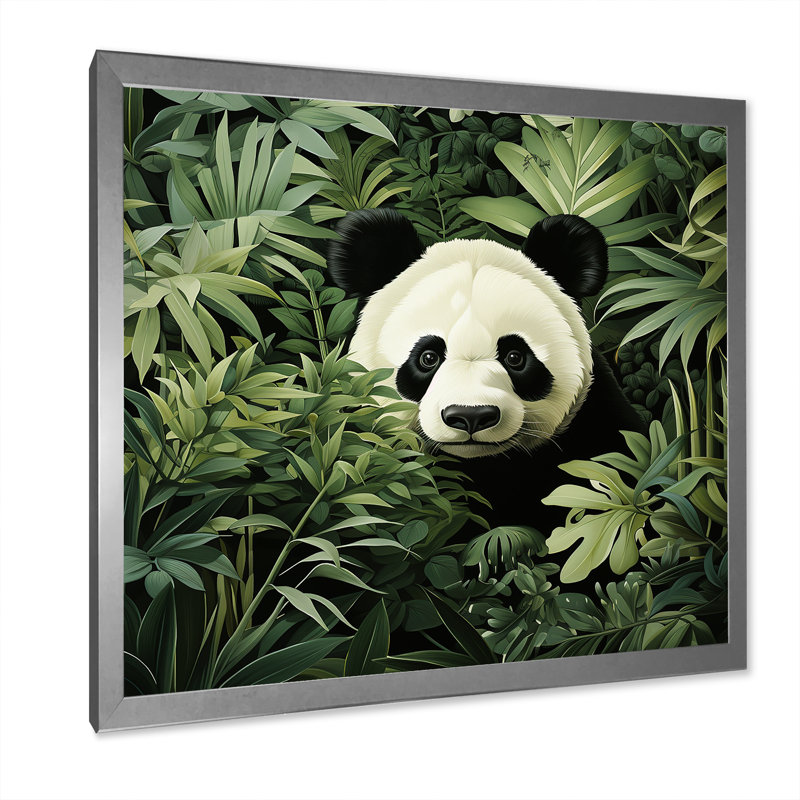 «Hideaway Panda Bamboo Foliage II», art mural animal panda, Cadre simple argenté, H 36 po x l 36 po x P 1,5 po