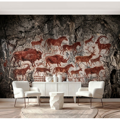 Peel and Stick Wallpaper Ancient Cave Paintings Wild Animals Rocky Surface Wall Murals 69"H x 96"W Removable PVC Wall Paper Self-Adhesive Wall Decor for Bedroom Living Room Home Office