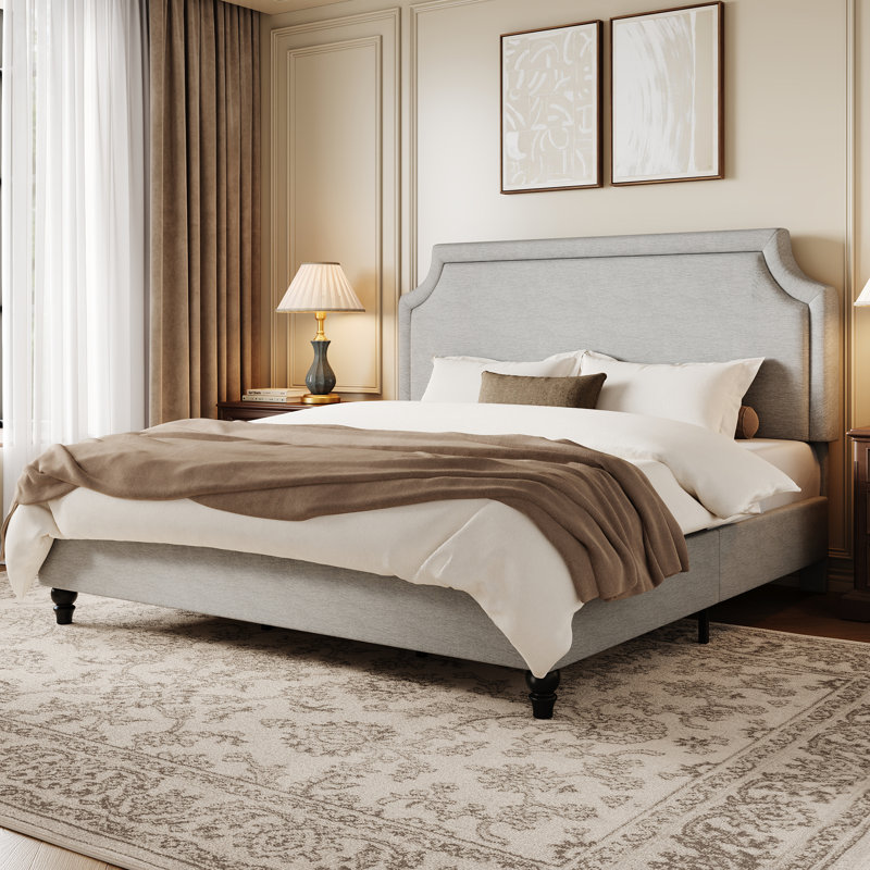 Lit tapissier en chenille moderne avec tête de lit réglable et pieds en bois massif, Très grand lit, Gris