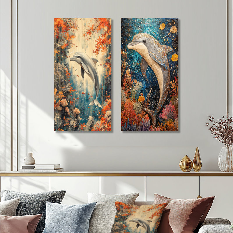 Danse du dauphin au-dessus d'un corail I - Collection d'art mural animaux 2 pièces, H 40 po x l 41 po, Toile tendue