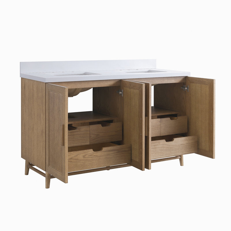 Meuble-lavabo de salle de bain autoportant 60 po entièrement assemblé en bois massif avec plateau blanc d'ingénierie entièrement assemblé