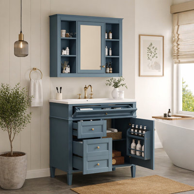 Meuble-lavabo 36 po avec armoire à pharmacie, armoire de rangement moderne avec 2 portes à fermeture douce et meuble-lavabo simple