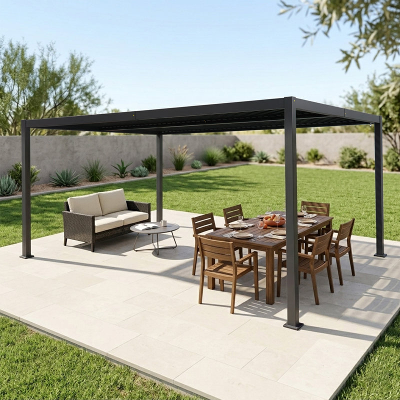 Abri de protection contre les intempéries en aluminium à persiennes 12 'x 12' avec système de drainage Kozyard Pergola, Gris