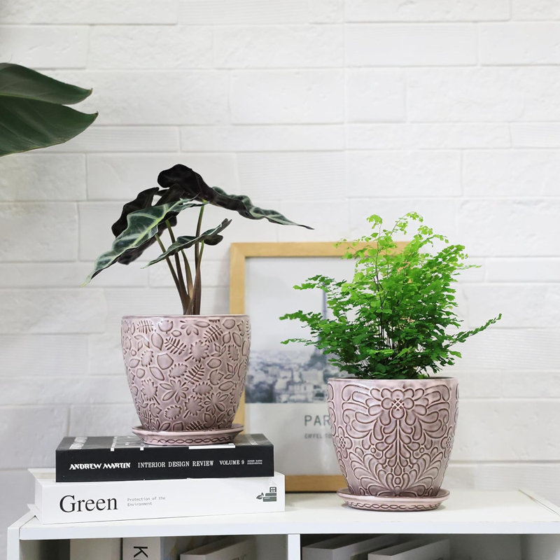 Set Of 2 Retro 6" Ceramic Planters With Drainage & Saucers