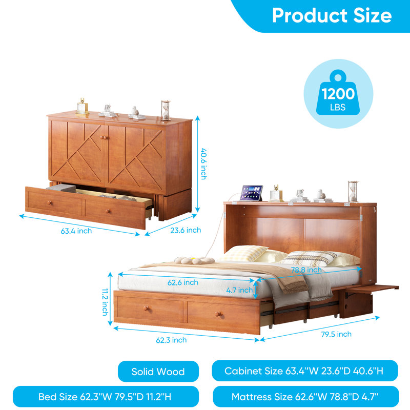 Queen Solid Wood Murphy Bed with USB & Large Storage Drawer(Mattress Not Included), Cherry