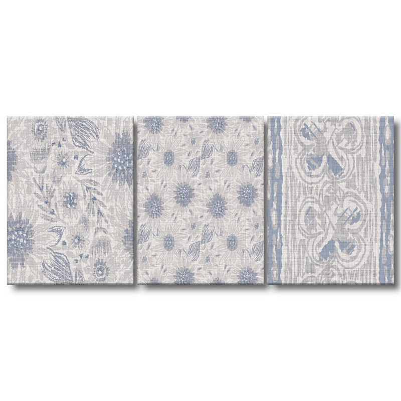 Ensemble de 3 pièces d'art vintage à motif de fleurs de campagne bleues, H 40 po x l 90 po x P 1,5 po